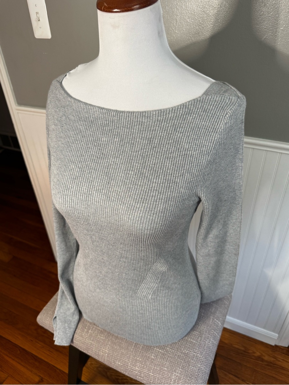 White House Black Market Light Grey Ribbed Semi-Off-the-Shoulder Sweater